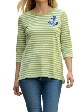 Quaker Factory Lime Green Striped Nautical Sequin Anchor Blouse